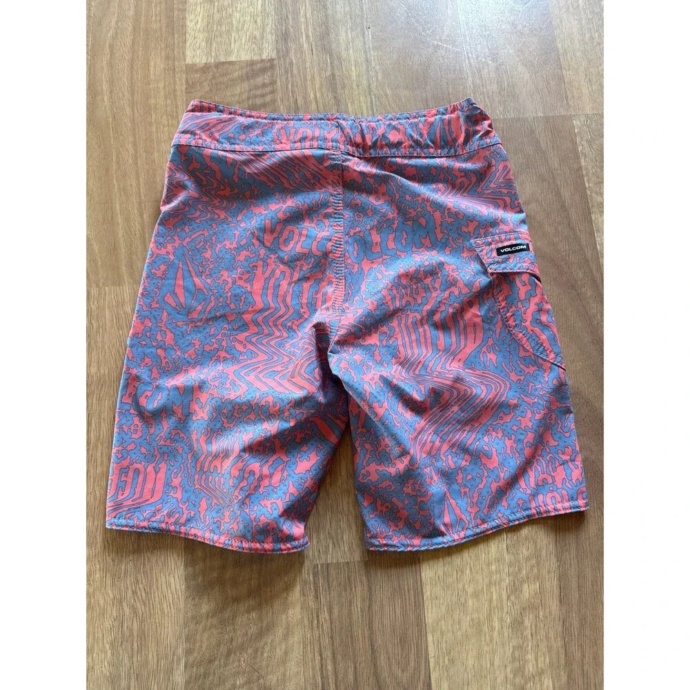 Volcom Board Shorts Pink Blue Pattern Boys adjustable Swim Trunks